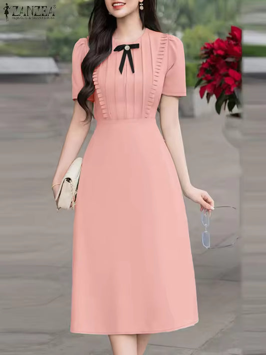 Fashion O-Neck Short Sleeve Ruffled Trim Bow Detail Midi Robes Femme